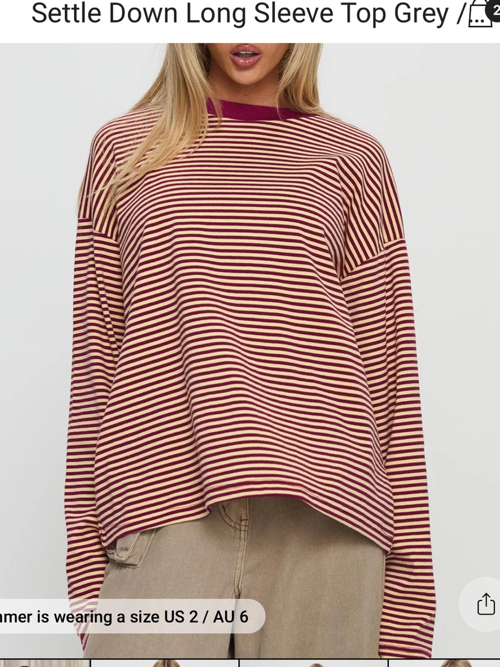 Princess Polly Settle down oversized long sleeve in lemon and burgundy